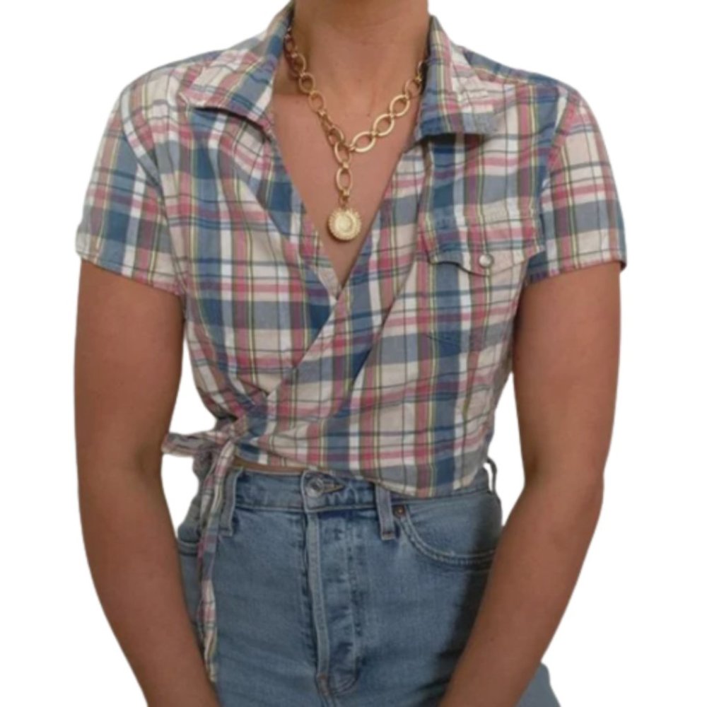 90s Pastel Plaid Wrap Front Crop Top